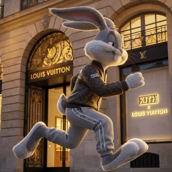 Luxury Runner – Couture Sprint, lapin runner street luxe en plein mouvement devant une boutique de mode, art mural premium
