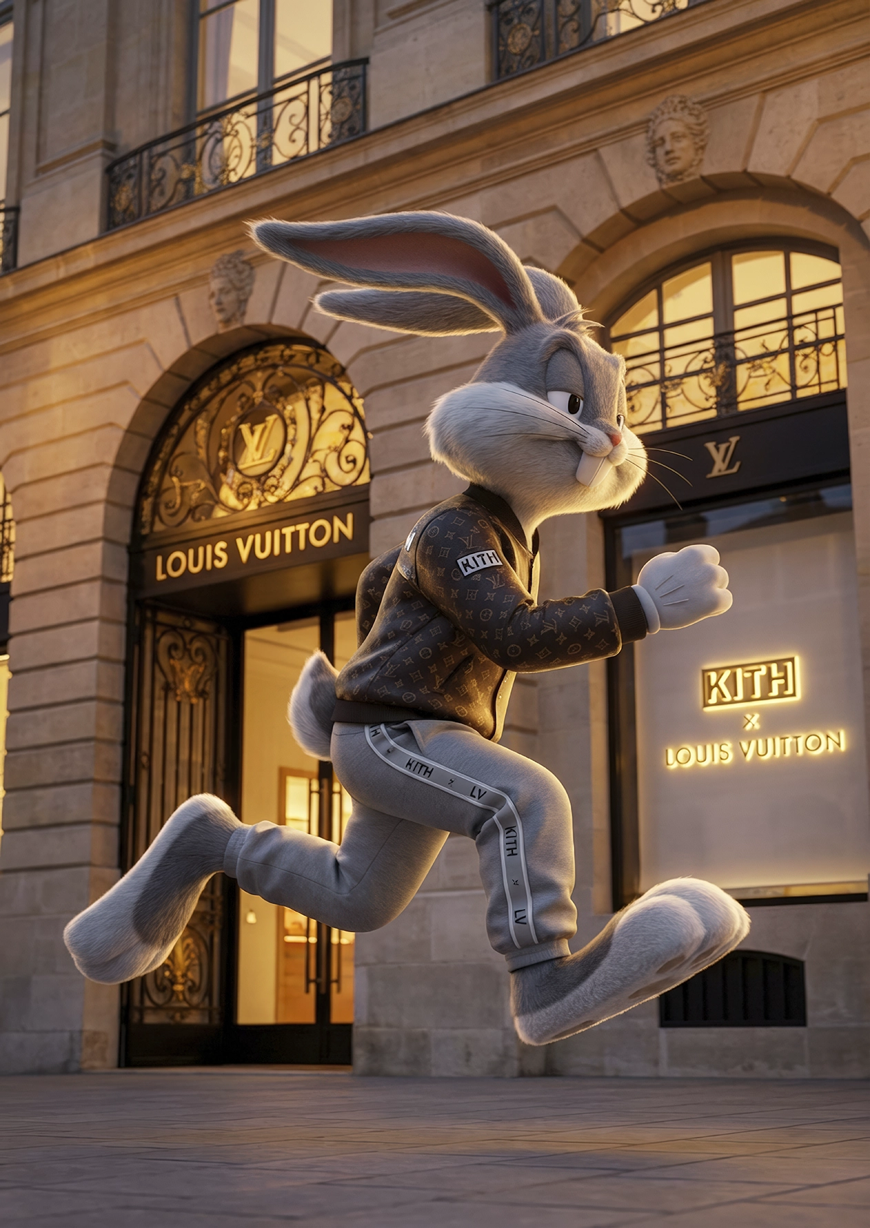 Luxury Runner – Couture Sprint, lapin runner street luxe en plein mouvement devant une boutique de mode, art mural premium