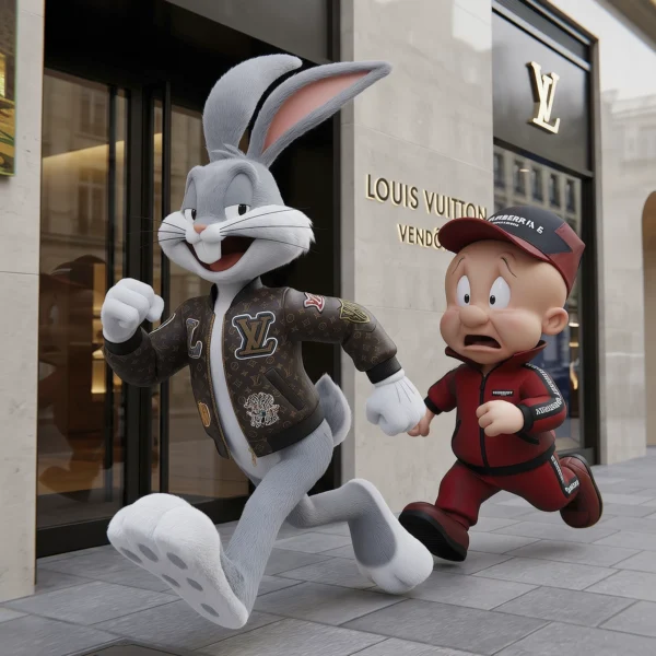 Luxury Toon Duo – Pop Couture, duo cartoon dans une rue commerçante haut de gamme, art mural premium