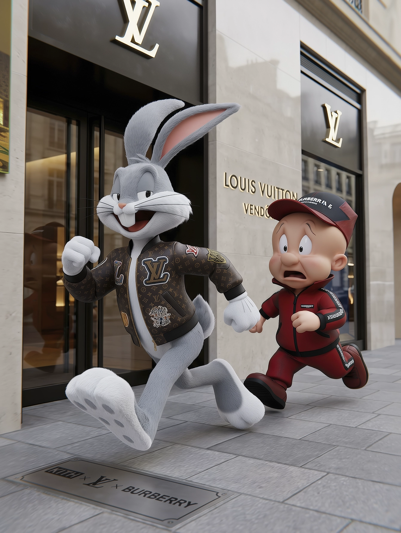 Luxury Toon Duo – Pop Couture, duo cartoon dans une rue commerçante haut de gamme, art mural premium