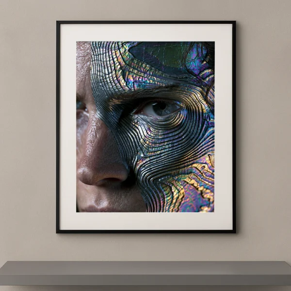Tableau portrait masculin en gros plan dont une moitié du visage est recouverte d’un masque irisé aux lignes organiques