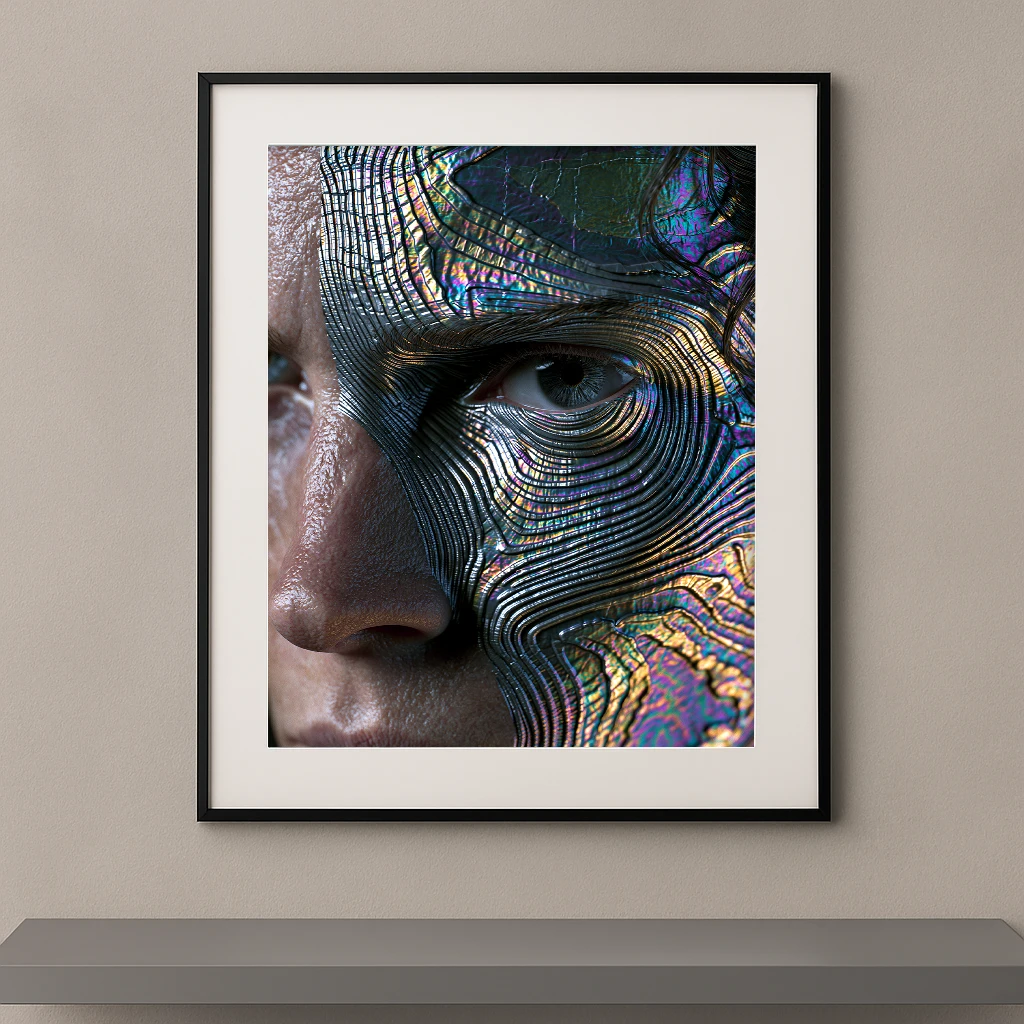 Tableau portrait masculin en gros plan dont une moitié du visage est recouverte d’un masque irisé aux lignes organiques