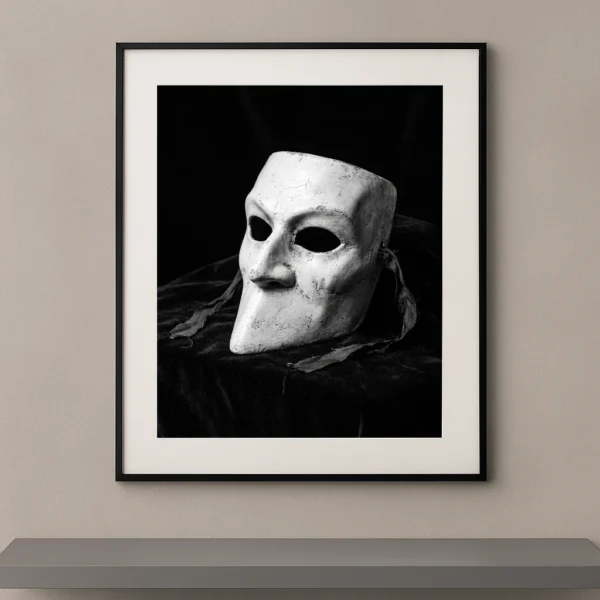 Tableau noir et blanc d'un masque vénitien Bauta posé sur du velours sombre
