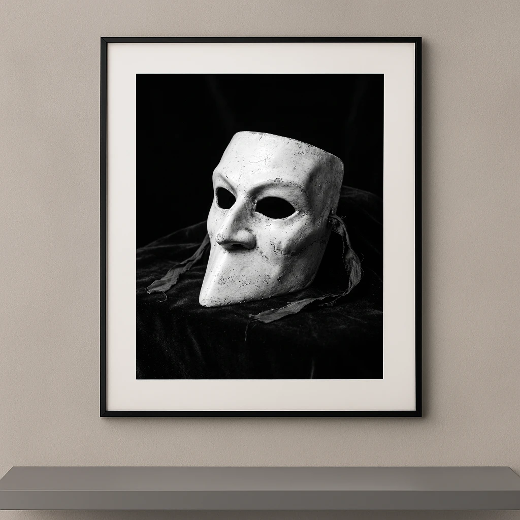 Tableau noir et blanc d'un masque vénitien Bauta posé sur du velours sombre
