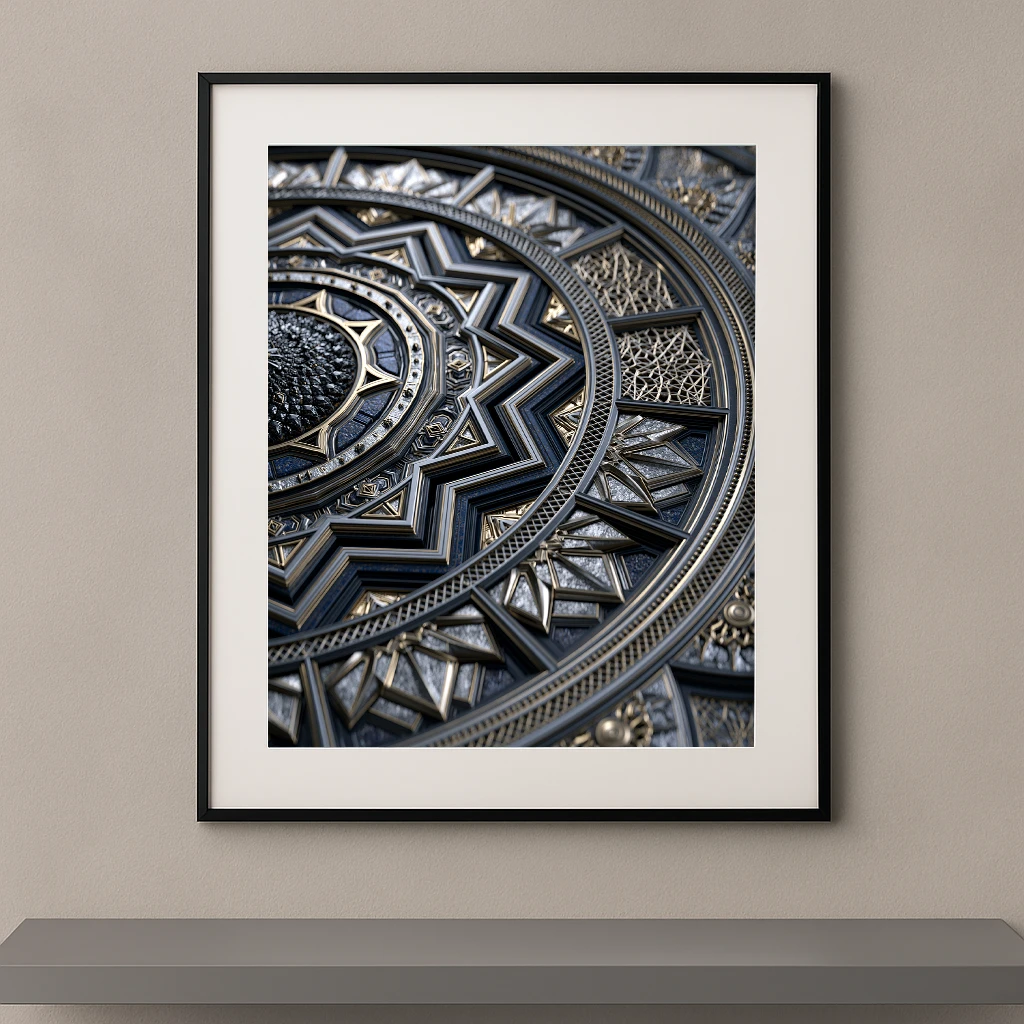 Tableau mandala génératif composé de rosaces géométriques bleu nuit, argent et or aux détails mécaniques