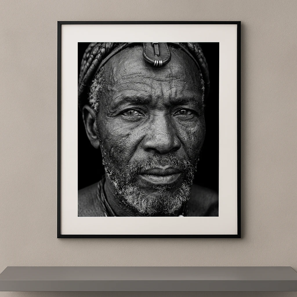 Tableau portrait noir et blanc en très gros plan d’un homme âgé de Namibie au regard intense