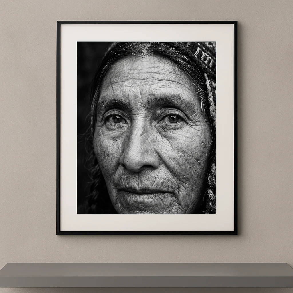 Tableau portrait noir et blanc en gros plan d’une femme âgée au regard profond