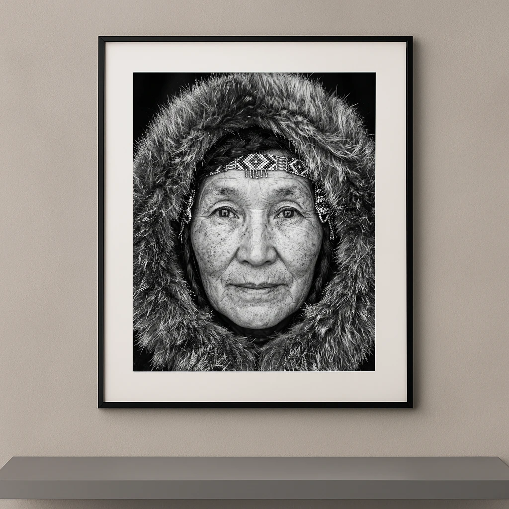 Tableau portrait noir et blanc d’une femme âgée encadrée par une large capuche de fourrure