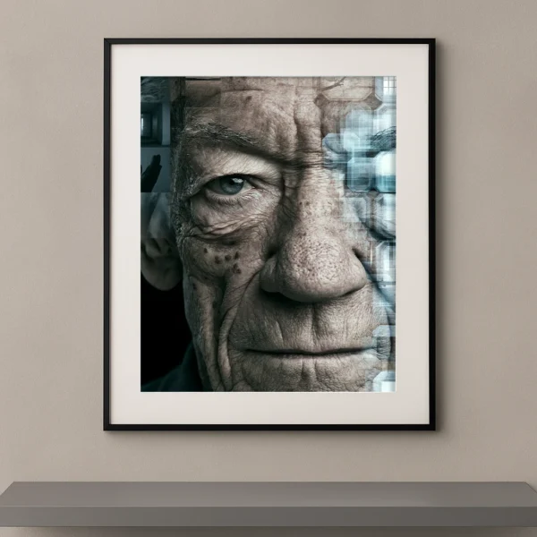 Mémoire Fracturée, portrait artistique d’un homme âgé fragmenté par des effets numériques