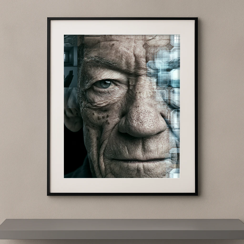 Mémoire Fracturée, portrait artistique d’un homme âgé fragmenté par des effets numériques