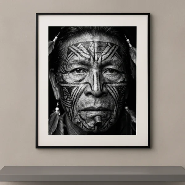 Tableau portrait noir et blanc en très gros plan d’un homme portant de spectaculaires motifs sur le visage