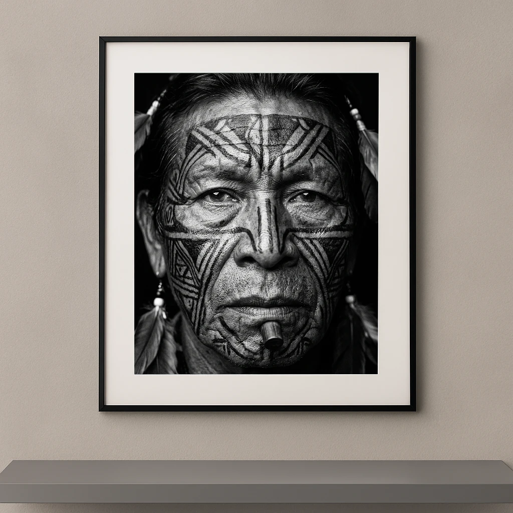 Tableau portrait noir et blanc en très gros plan d’un homme portant de spectaculaires motifs sur le visage