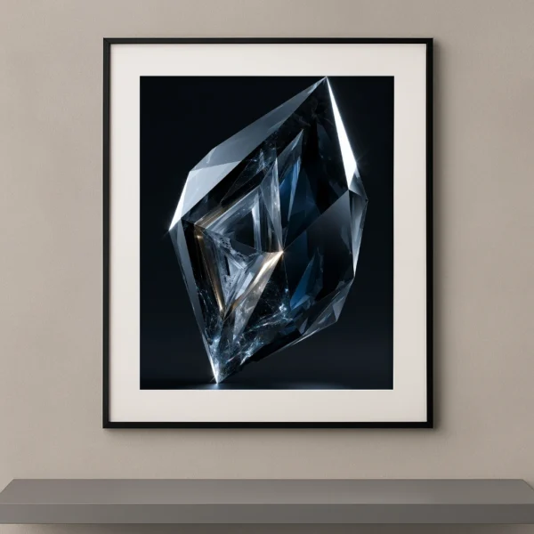 Tableau représentant un monolithe de cristal noir et transparent aux facettes géométriques lumineuses