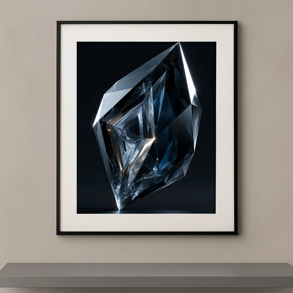 Tableau représentant un monolithe de cristal noir et transparent aux facettes géométriques lumineuses