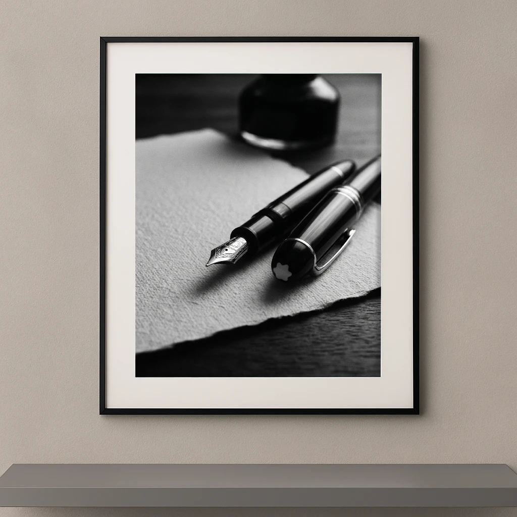 Tableau noir et blanc d'un stylo plume Montblanc Meisterstück posé sur du papier