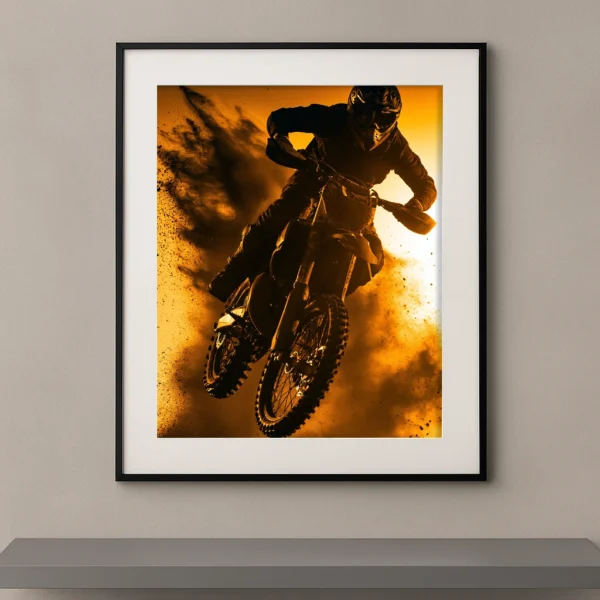 Tableau mural silhouette d'un pilote de motocross en plein saut dans une explosion de poussière