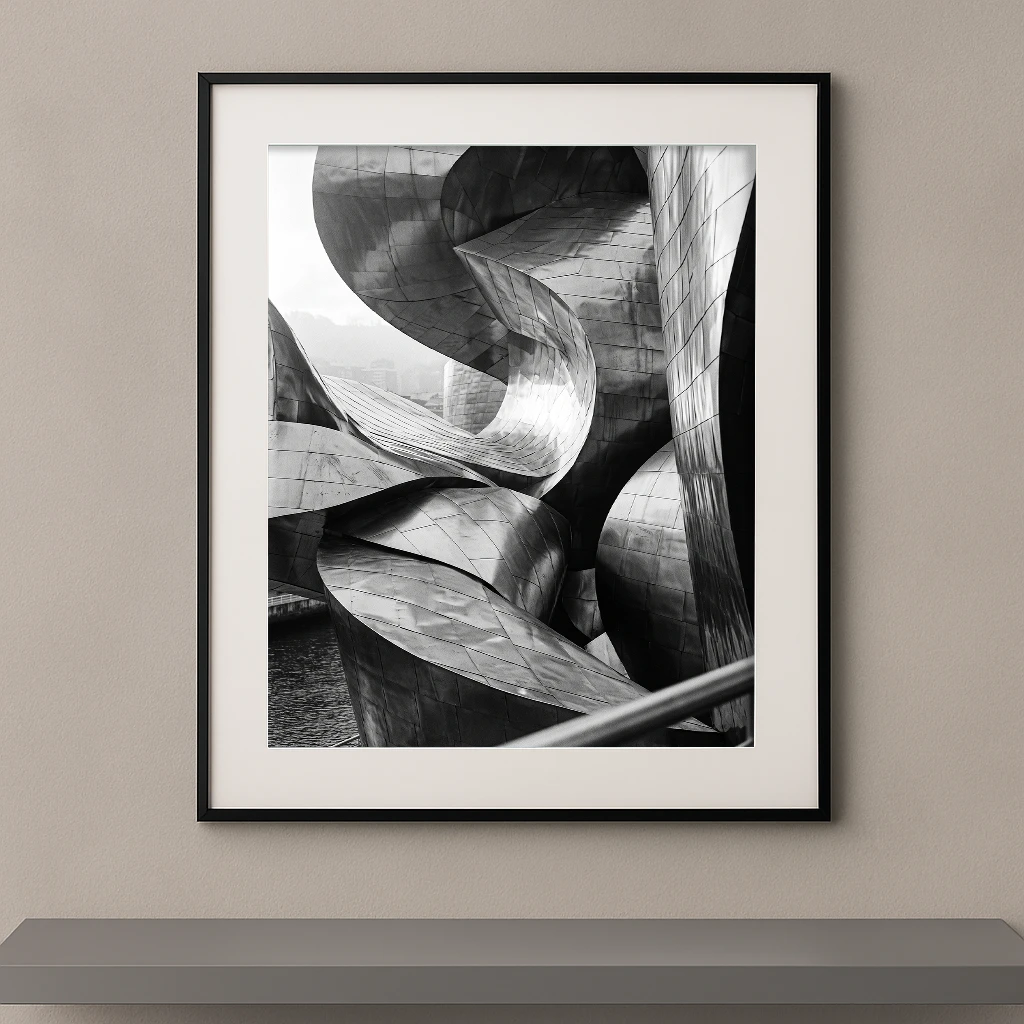Tableau noir et blanc des courbes métalliques du musée Guggenheim de Bilbao