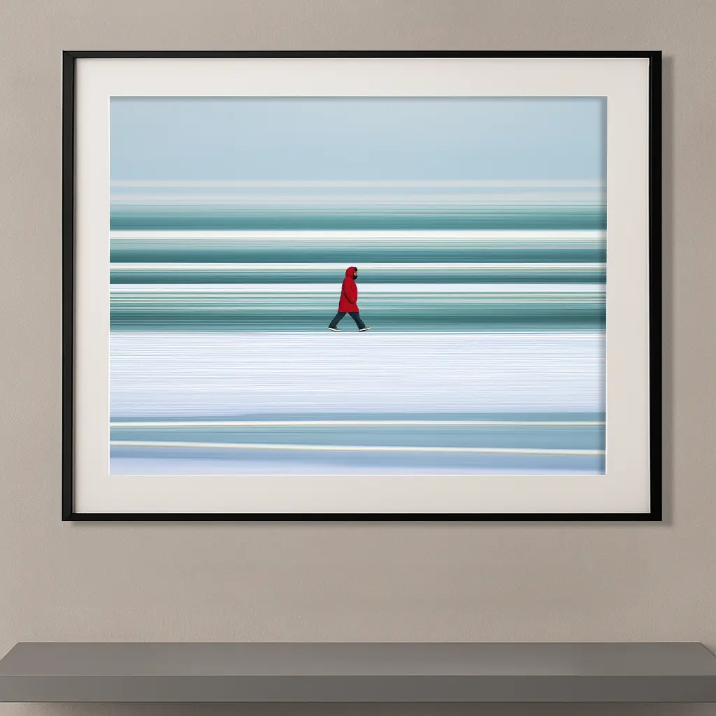 Lignes horizon manteau rouge silhouette bandes turquoise glace hiver — Graphic Avenue