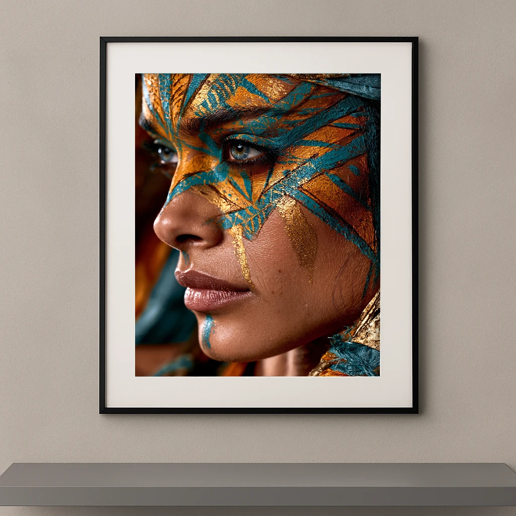 Portrait artistique de profil avec maquillage graphique turquoise et or inspiré des peintures tribales et des civilisations anciennes.