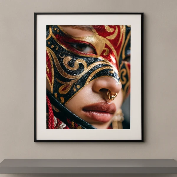 Portrait artistique avec maquillage inspiré d'un masque vénitien noir, rouge et or aux motifs baroques.