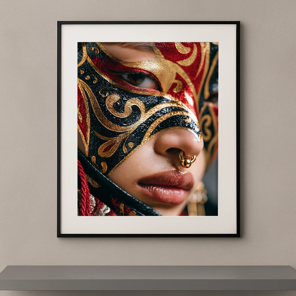 Portrait artistique avec maquillage inspiré d'un masque vénitien noir, rouge et or aux motifs baroques.