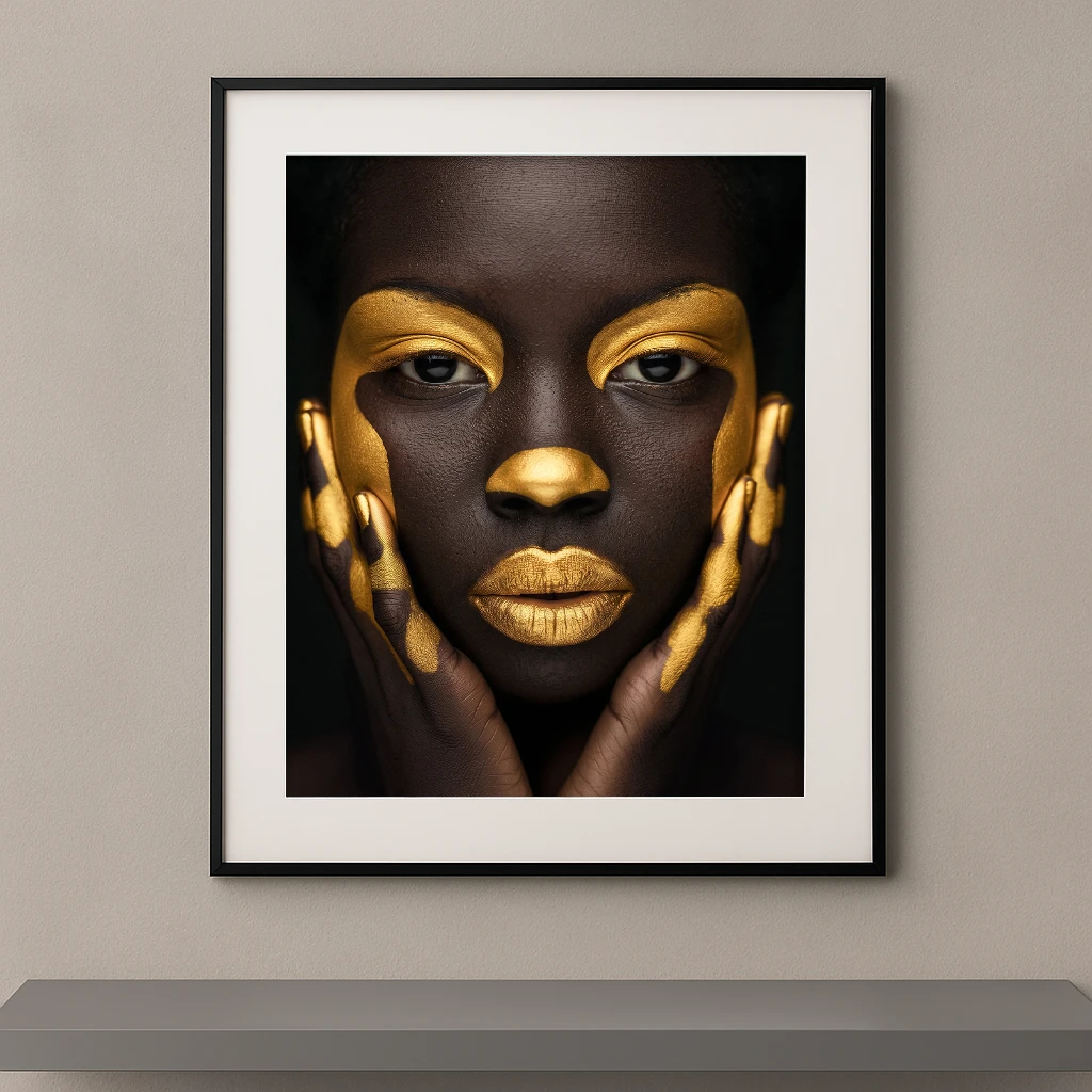 Portrait artistique de beauté ethnique avec maquillage doré graphique, visage de face et fond noir minimaliste.