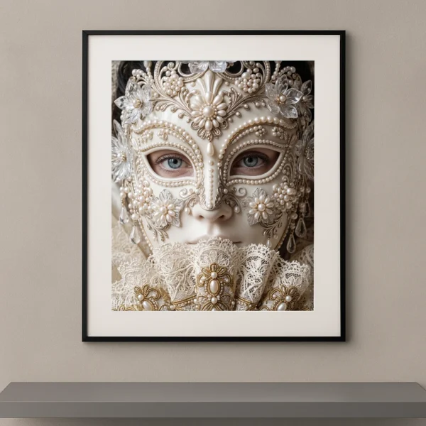 Portrait artistique d’un masque vénitien ivoire orné de perles, fleurs nacrées et dentelles inspiré du Carnaval de Venise, dans une composition luxueuse et raffinée.