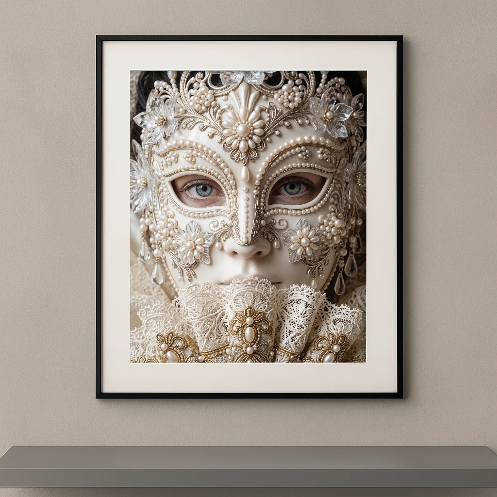 Portrait artistique d’un masque vénitien ivoire orné de perles, fleurs nacrées et dentelles inspiré du Carnaval de Venise, dans une composition luxueuse et raffinée.