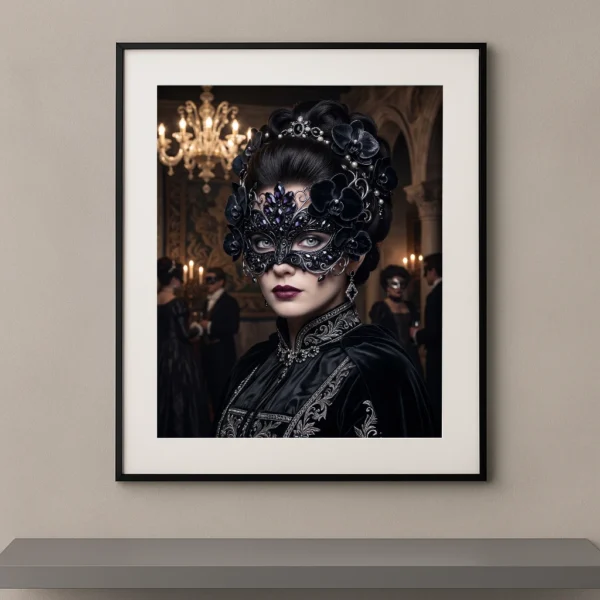 Portrait artistique d’une noble vénitienne portant un masque noir orné de fleurs, de pierres violettes et de dentelles dans l’atmosphère d’un bal du Carnaval de Venise.