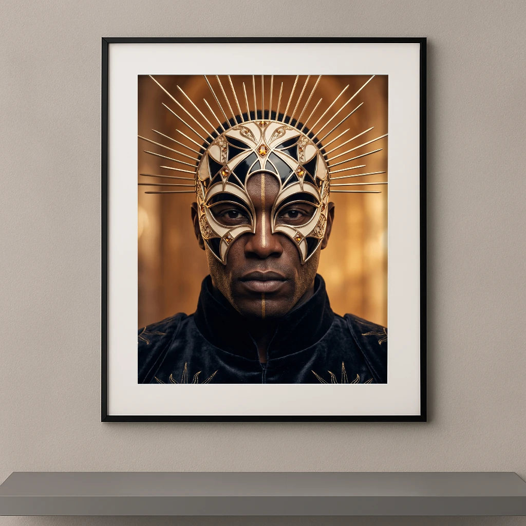 Portrait artistique contemporain d’un homme portant un masque géométrique doré surmonté d’une couronne solaire métallique, dans une composition graphique aux tons or et noir.