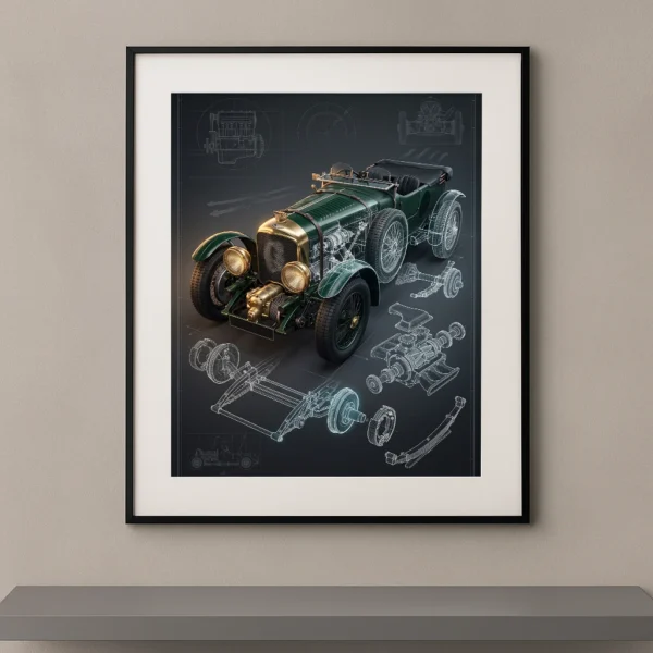 Tableau Mechanical Heritage représentant une Bentley Blower entourée de plans techniques, vues éclatées et dessins d'ingénierie dans une composition graphique contemporaine.