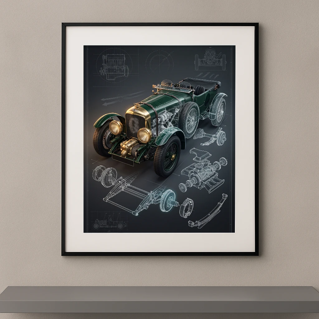 Tableau Mechanical Heritage représentant une Bentley Blower entourée de plans techniques, vues éclatées et dessins d'ingénierie dans une composition graphique contemporaine.