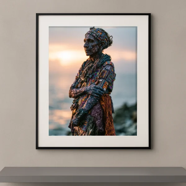 Portrait Fine Art d'une femme aux peintures corporelles tribales et vêtements traditionnels colorés au coucher du soleil, collection Corps Peints.