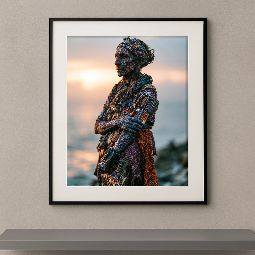 Portrait Fine Art d'une femme aux peintures corporelles tribales et vêtements traditionnels colorés au coucher du soleil, collection Corps Peints.