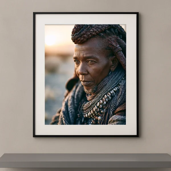 Portrait Fine Art d'une femme issue d'un peuple traditionnel portant une coiffe et des colliers ancestraux éclairés par la lumière du coucher du soleil.
