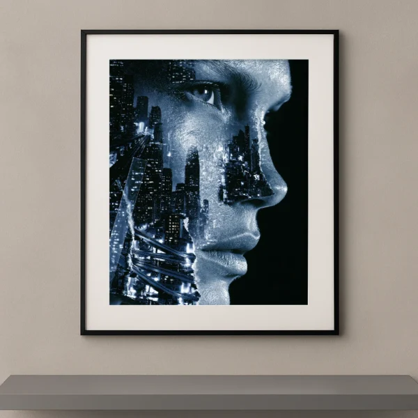 Métropole Intérieure, portrait de profil d’une femme fusionné avec une ville nocturne