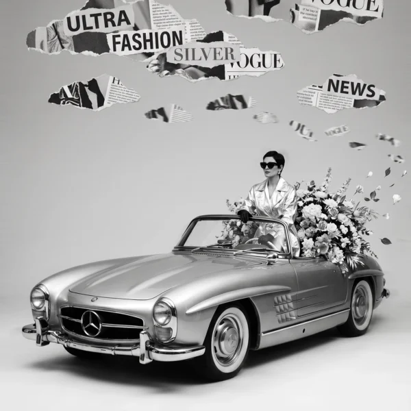 Argent Vogue — mode vintage monochrome argent, passagère en Mercedes 300 SL argentée avec bouquet blanc, art mural premium