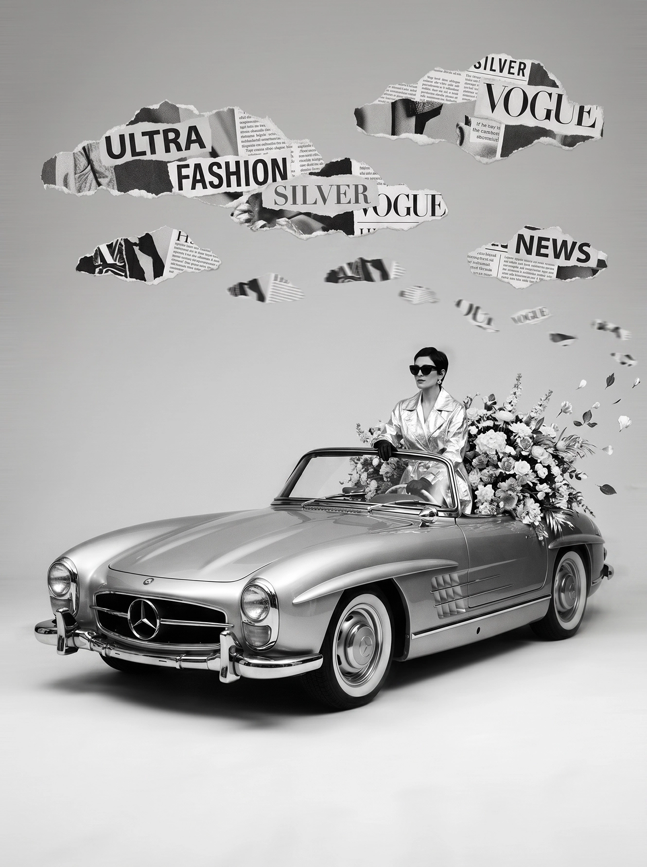 Argent Vogue — mode vintage monochrome argent, passagère en Mercedes 300 SL argentée avec bouquet blanc, art mural premium