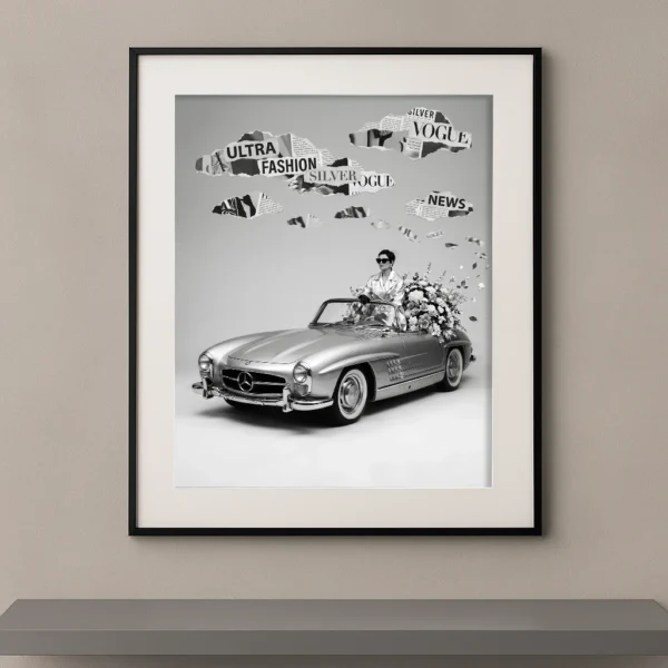 Mode vintage monochrome argent Mercedes 300 SL bouquet blanc Vogue — Graphic Avenue