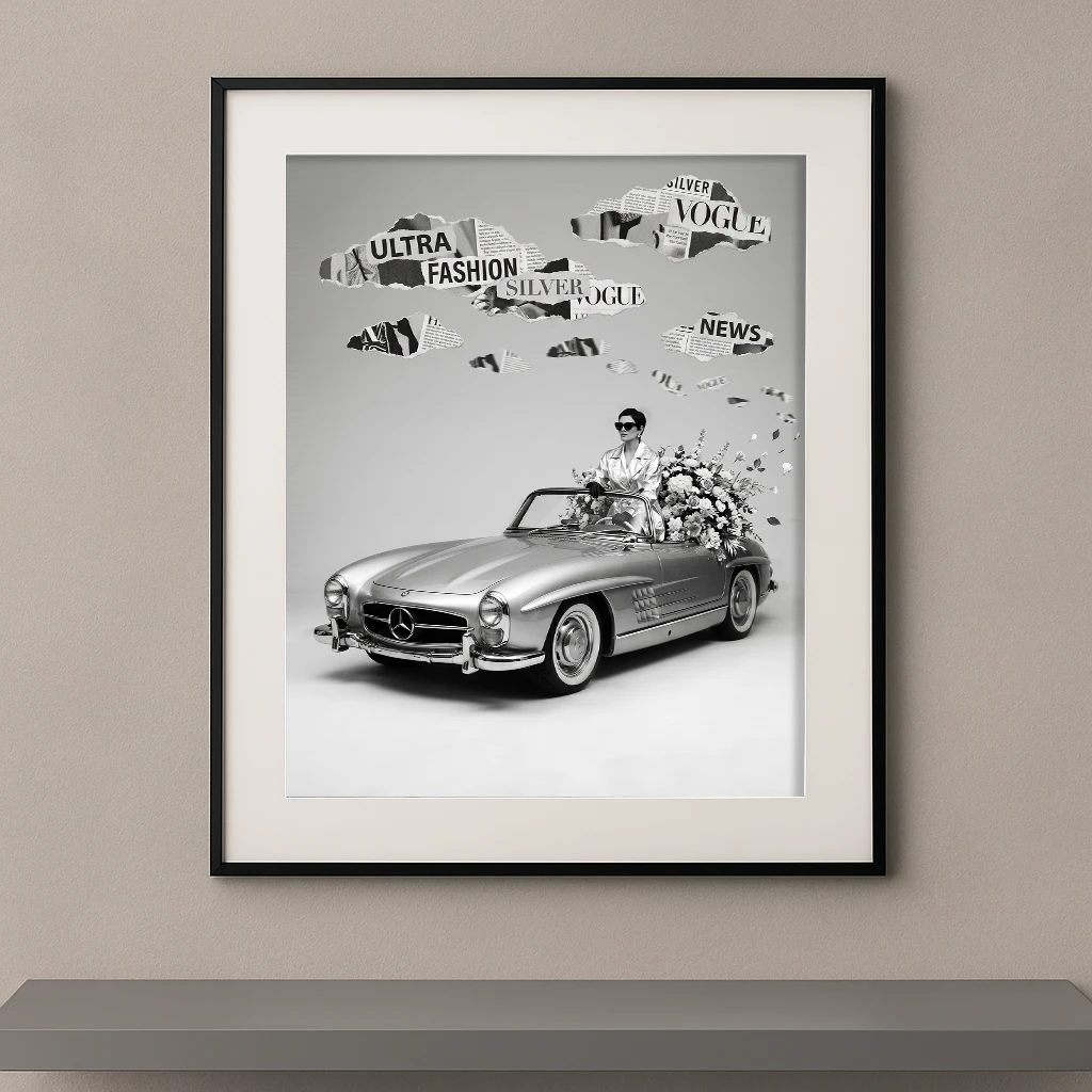Mode vintage monochrome argent Mercedes 300 SL bouquet blanc Vogue — Graphic Avenue