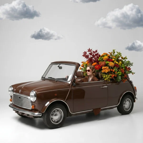 Cuivre Automnal — mode vintage monochrome cuivre, passagère en Mini cabriolet marron avec bouquet d'automne, art mural premium