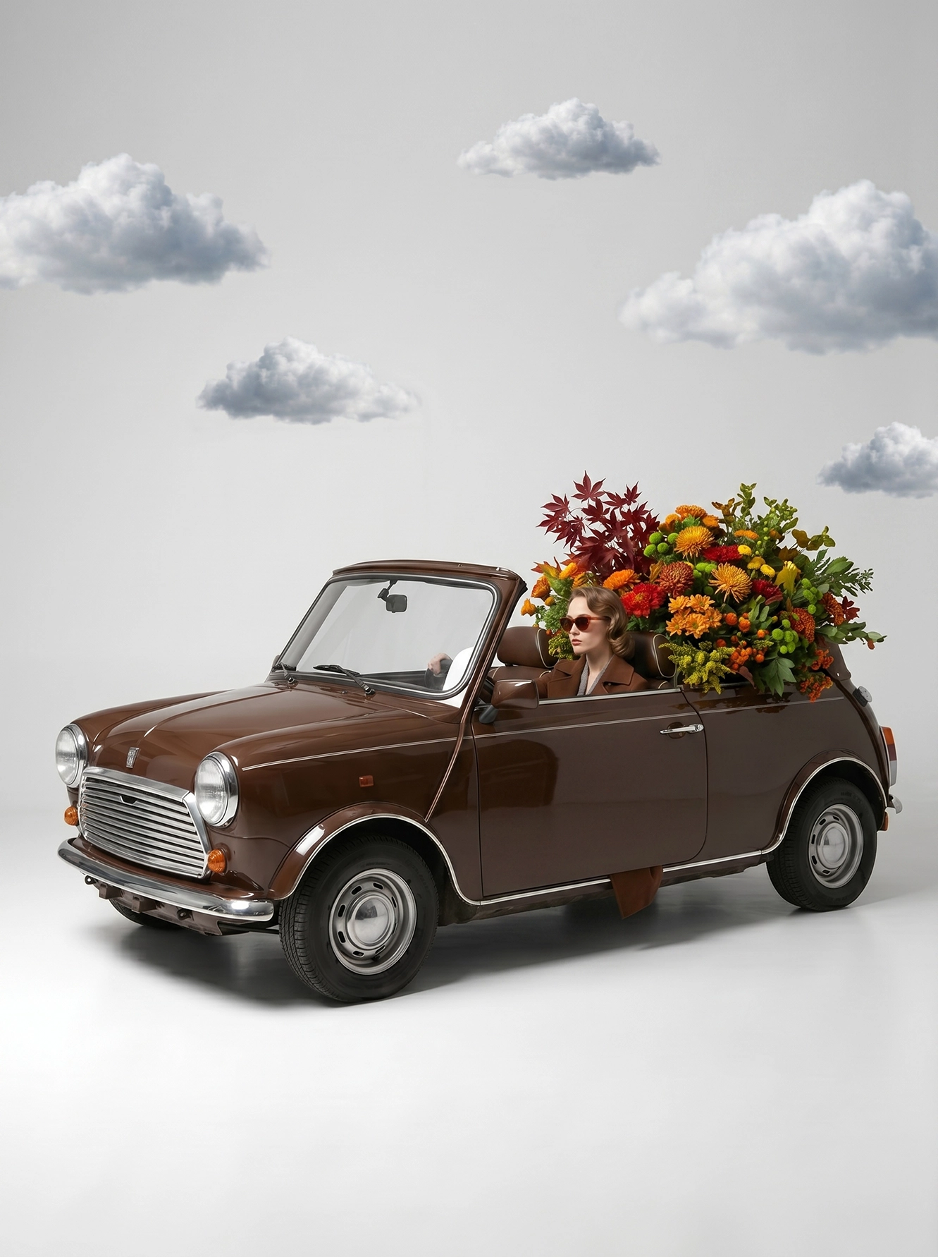 Cuivre Automnal — mode vintage monochrome cuivre, passagère en Mini cabriolet marron avec bouquet d'automne, art mural premium