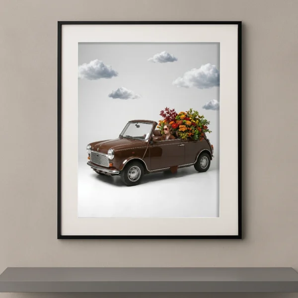 Mode vintage monochrome cuivre Mini cabriolet bouquet automne — Graphic Avenue