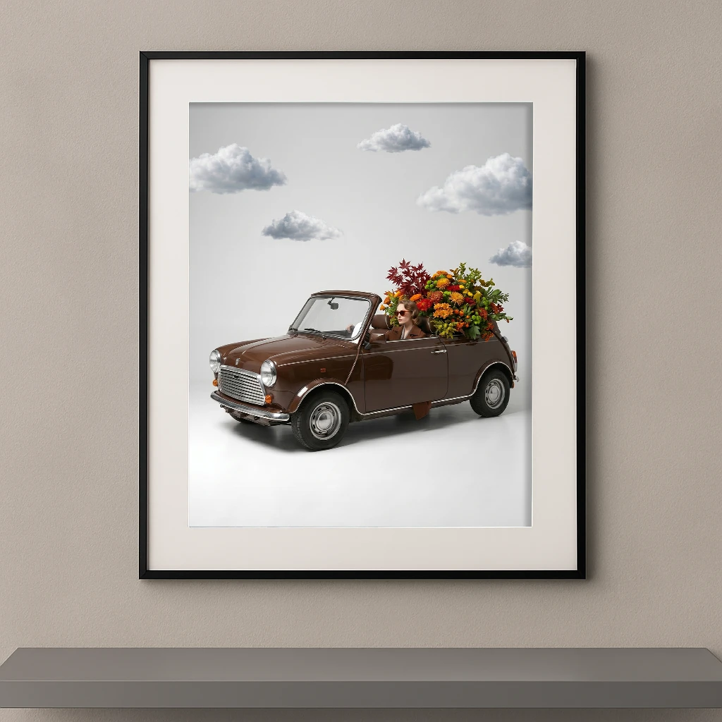 Mode vintage monochrome cuivre Mini cabriolet bouquet automne — Graphic Avenue