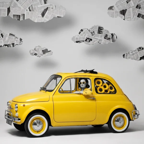 Jaune Fiat — mode vintage monochrome jaune, conductrice en Fiat 500 jaune avec tournesols, art mural premium