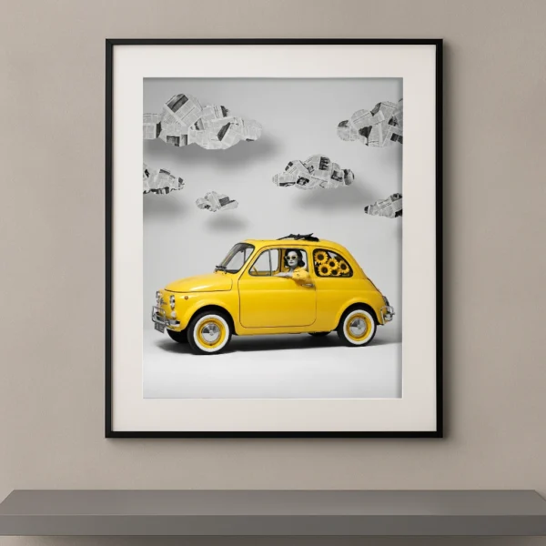 Mode vintage monochrome jaune Fiat 500 tournesols nuages presse — Graphic Avenue