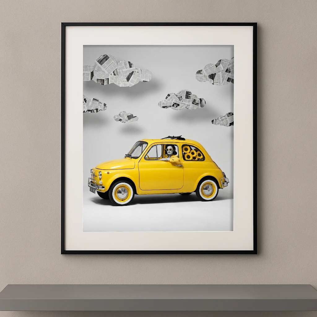 Mode vintage monochrome jaune Fiat 500 tournesols nuages presse — Graphic Avenue