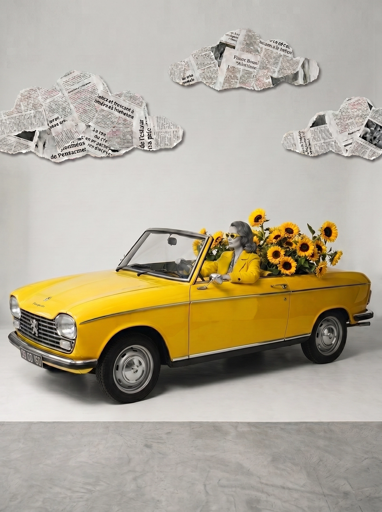 Jaune Peugeot — mode vintage monochrome jaune, conductrice en Peugeot 204 cabriolet jaune avec tournesols, art mural premium