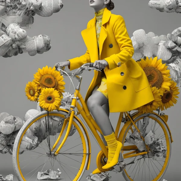 Tableau Jaune Solaire — silhouette féminine couture rétro sur fond monochrome jaune vibrant