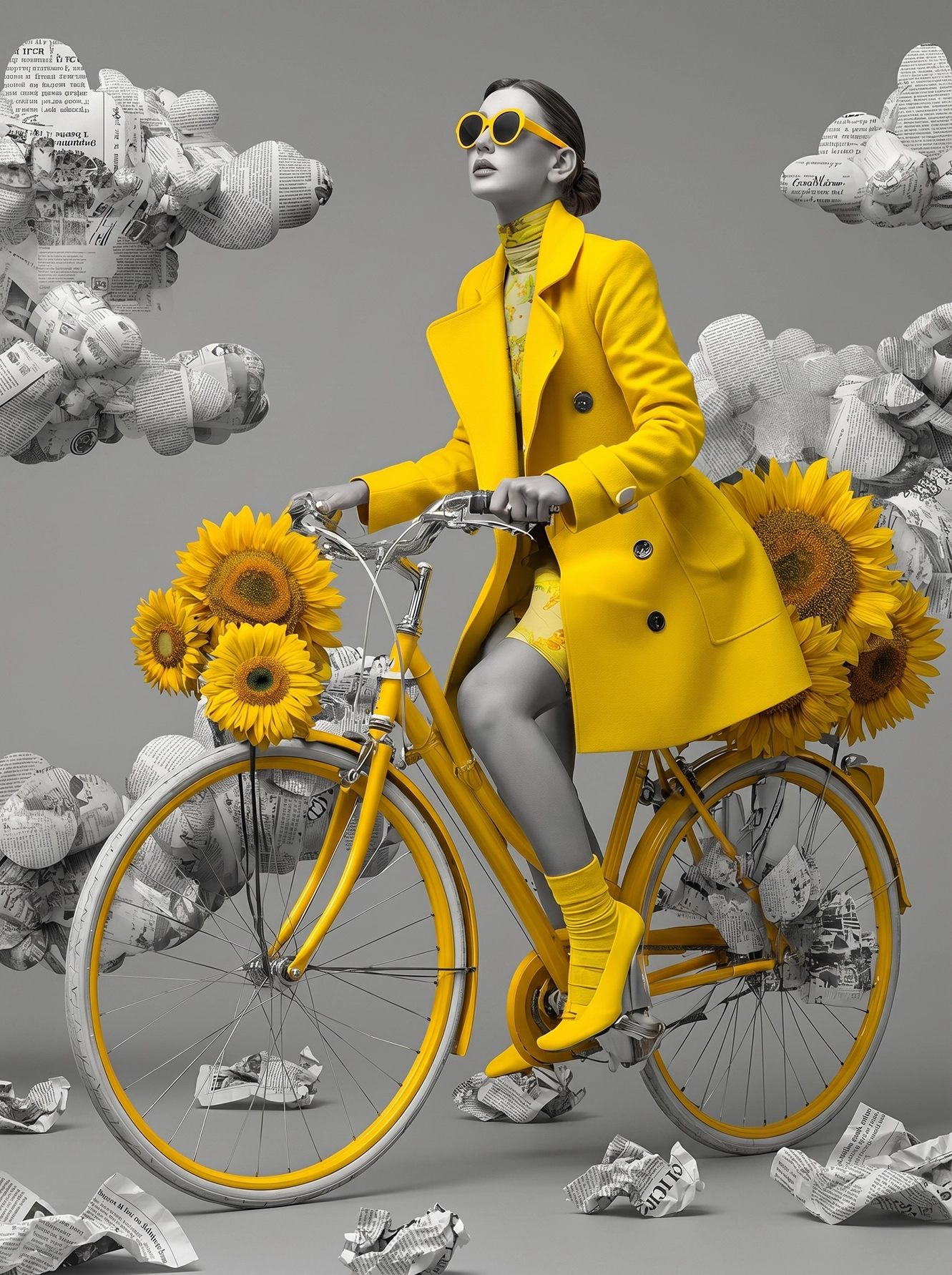 Jaune Solaire — mode vintage monochrome, manteau jaune citron sur vélo assorti entouré de tournesols géants, art mural premium